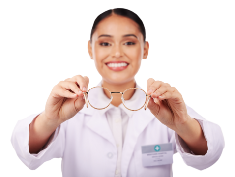 Eye care, hands of woman with glasses and optometrist, vision or test frame isolated on transparent png background. Prescription, ophthalmologist giving eyewear closeup or medical lens in health exam