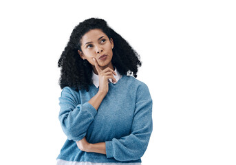 Fototapeta na wymiar Woman, hand and thinking or thought idea for problem solving, solution or isolated on transparent png background. Black female person, brainstorming and unsure for question, wonder or puzzled doubt