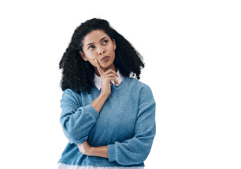 Woman, hand and thinking or thought idea for problem solving, solution or isolated on transparent png background. Black female person, brainstorming and unsure for question, wonder or puzzled doubt