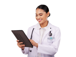 Doctor, woman and tablet for medical planning, clinic results and schedule or telehealth services. Professional healthcare worker or student scroll on digital technology on transparent PNG background