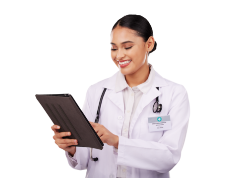 Doctor, woman and tablet for medical planning, clinic results and schedule or telehealth services. Professional healthcare worker or student scroll on digital technology on transparent PNG background - Powered by Adobe