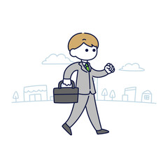 歩いて出勤するスーツの男性