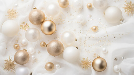 Glamorous Gold and Pearl Colored Christmas Ornaments on a Bed of White Linen or Fabric - Xmas Holiday Flat Lay Concept with Bright Color Tones and Copy Space 