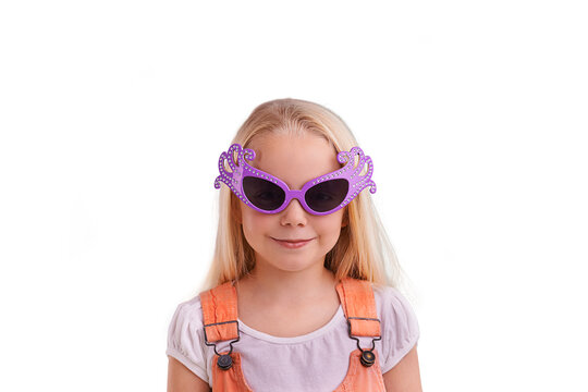 Funky sunglasses, young child and fashion with kids fashion and clothing with smile. Happy, silly glasses and youth style of a girl with funny accessory isolated on a transparent, png background