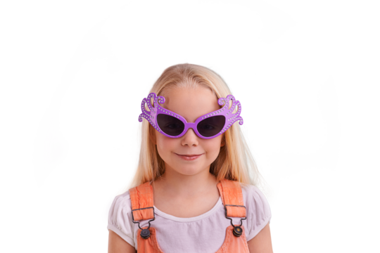 Funky sunglasses, young child and fashion with kids fashion and clothing with smile. Happy, silly glasses and youth style of a girl with funny accessory isolated on a transparent, png background