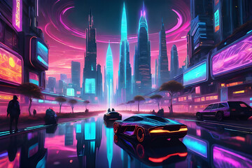 Bright blue pink neon night in a cyberpunk city. Sci-fi illustration of the futuristic city. - obrazy, fototapety, plakaty