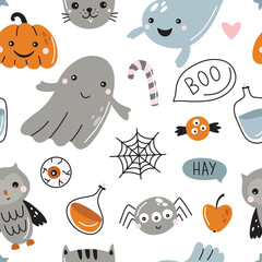 Seamless pattern with cute Halloween elements, ghosts, pumpkin, spider, moon. Vector illustration for your design