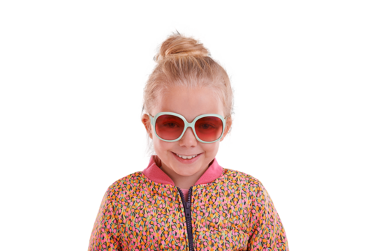 Kid, portrait or fashion sunglasses for style, cool and trendy vision on isolated, transparent and png background. Face, girl or child youth with summer optometry, ophthalmologist and eye care frames