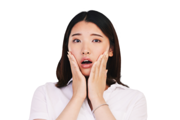 Woman, asian and shock portrait for drama or fake news, gossip and secret information. Young model, japanese and surprise on face with worry in alarm, hands and isolated on transparent png background