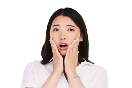 Woman, asian and shock portrait for drama or fake news, gossip and secret information. Young model, japanese and surprise on face with worry in alarm, hands and isolated on transparent png background