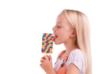 Isolated girl child, lollipop and lick in profile for eating, sweets or thinking by transparent png background. Kid, candy and dessert with rainbow color, snack and idea with fashion, taste or tongue