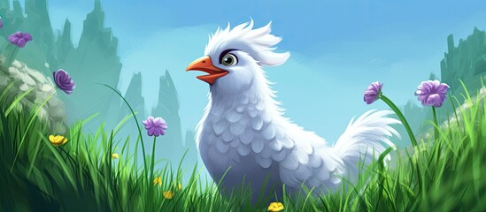 In the peaceful summer background of an isolated farm surrounded by lush green nature a delightful cartoon illustration of a white chicken comes to vibrant life with a touch of black color c