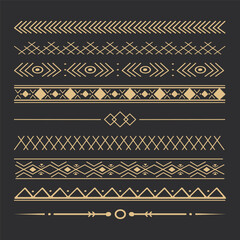 Set tribal golden ethnic arrow dividers, native indian bow boho in doodle style isolated on dark background. Collection borders, decoration elements