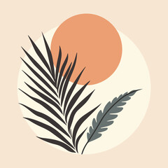 Boho style minimalist hand drawn abstract trendy palm leaves. Pastel colors. Botanical vector illustration. Home decor, poster, wallpaper, Interior design. Tropical plant, geometric. Scandinavian.