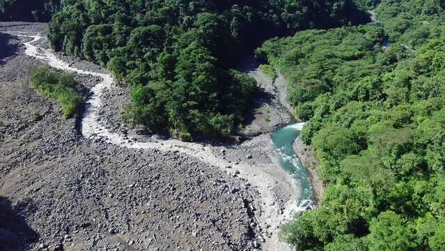 Aerial Drone Flyover Parque Braulio Carrillo National Park and Rio Sucio Bridge, Costa Rica 4K