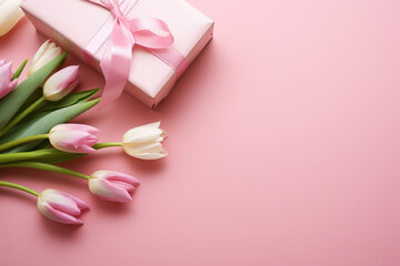 Obraz na płótnie Canvas Beautiful pink gift box with delicate pink ribbon is surrounded by vibrant tulips on pink background. Love, celebration, or special occasions.