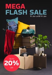 Composite of mega flash sale text over shopping in shopping trolley