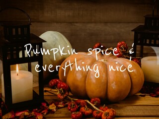 Naklejka premium Composite of pumpkin spice and everything nice text over pumkins