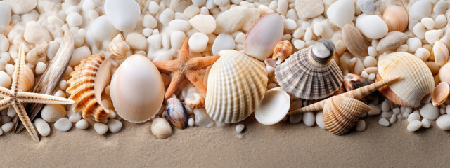 Shells lined up beautifully on the sand, For decorating banners, wallpaper, backdrops