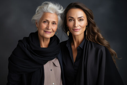 Picture of two women standing next to each other in front of black background. This image can be used for various purposes.