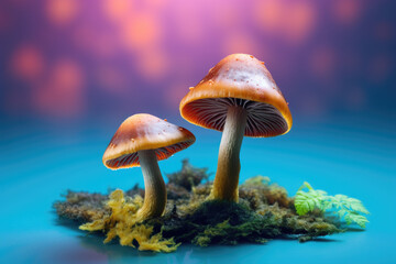 Couple of mushrooms sitting on top of moss covered ground. This image can be used to depict nature, forest, mushrooms, or biodiversity.