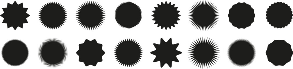 Collection of black starburst badges. Set of price tags.