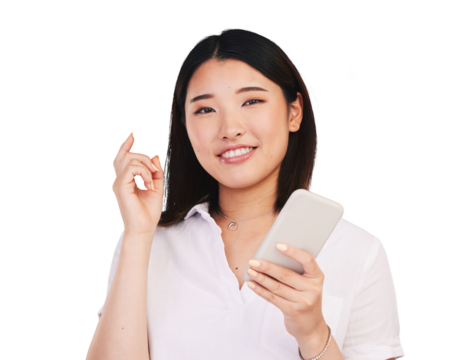 Smile, phone and portrait of Asian woman on social media, networking app or internet communication. Smartphone, face and happy person with mobile technology isolated on a transparent png background