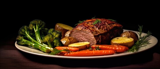 For dinner I prepared a delicious meal consisting of a delicately baked herb infused beef roast accompanied by a medley of vegetables including carrots creating a mouthwatering and flavorful