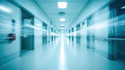 Naklejka na ściany i meble Abstract blur hospital corridor, hospital hall, modern hospital
