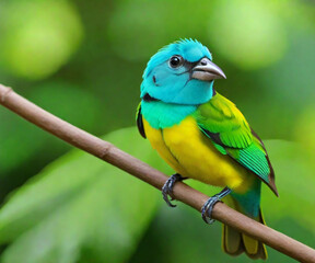 These are adorable birds. Stunning tanager Chlorophonia cyanea, a Colombian exotic tropical green songbird.
