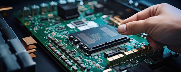 technician hands repairing the smartphone's motherboard in the lab with copy space.