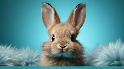 Obraz premium Fluffy bunny against blue, peering curiously, encapsulating innocence and wonder