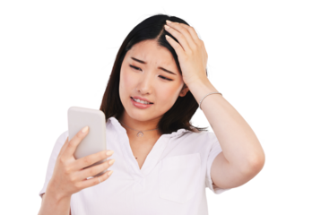 Woman, phone and shock for news on social media for post, gossip or scam. Asian person, distress or wtf expression on face on isolated or transparent png background with mobile app, internet or web