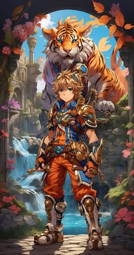 Fantasy Warrior & Tiger Anime Manga Art Style