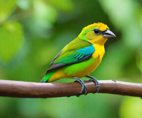 These are adorable birds. Stunning tanager Chlorophonia cyanea, a Colombian exotic tropical green songbird.
