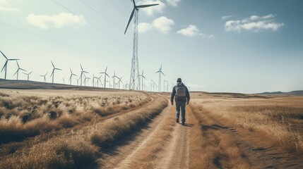 An engineer is walking, there is dry grass growing around the road at a wind farm that produces electricity.
