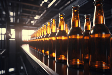 Bottles in a row,Glass brown bottles of beer on conveyor belt with light, concept brewery plant production line.