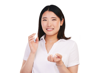 Asian woman, portrait and confused or questions for college, education and learning or problem solving. Face of young person or student doubt and why or mistake isolated on transparent png background