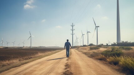 An engineer is walking, there is dry grass growing around the road at a wind farm that produces electricity.