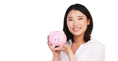 Isolated Japanese woman, piggy bank and smile in portrait, saving or money by transparent png background. Girl, animal container or happy for cash, investing or increase wealth for financial security