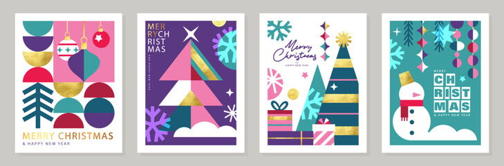 Merry Christmas and Happy New Year Set of greeting cards, posters, holiday covers. Abstract design with Christmas decorative elements. Modern minimalist geometric style. © Liliya