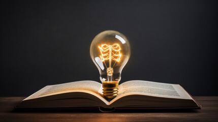 Education knowledge and business studying concept, Closeup glowing light bulb and book on table...