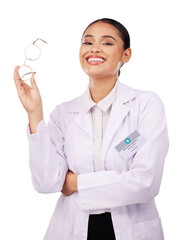 Woman, optician glasses and doctor in portrait for eye care and smile isolated on transparent, png background. Face of ophthalmologist or medical professional with healthcare vision and arms crossed - obrazy, fototapety, plakaty