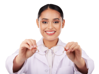 Eye care, woman giving glasses and optometrist with vision, test frame or lens isolated on a transparent png background. Prescription eyewear, happy portrait and medical, ophthalmology or health exam