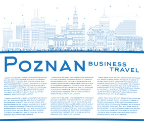 Fototapeta premium Outline Poznan Poland City Skyline with Blue Buildings and copy space. Poznan Cityscape with Landmarks. Business Travel and Tourism Concept with Historic Architecture.