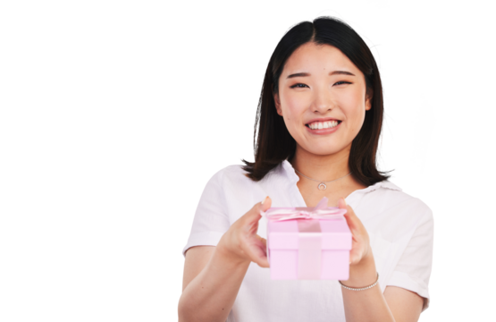 Portrait, happy woman and smile with gift for giveaway, prize or present for celebration. Asian person, face or excited expression for ribbon, box and isolated on transparent png background for event