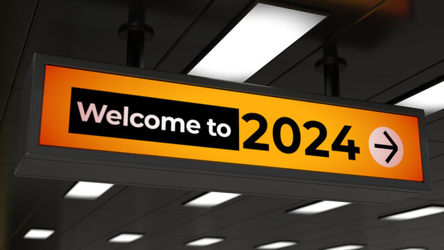 Welcome to 2024 Signage. Marking the beginning of a new year. Airport display. 3d illustration.