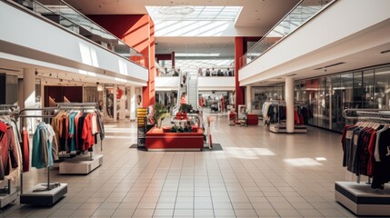 clothes in shopping mall, superstore, trading area - obrazy, fototapety, plakaty