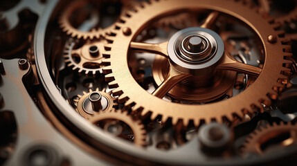 Intricate watch mechanism with golden gears.