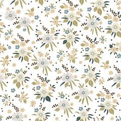 Floral vintage seamless pattern. Light green and light yellow flowers, leaves, branches and berries on a white background. The art of vector illustration. Design for textiles, paper.